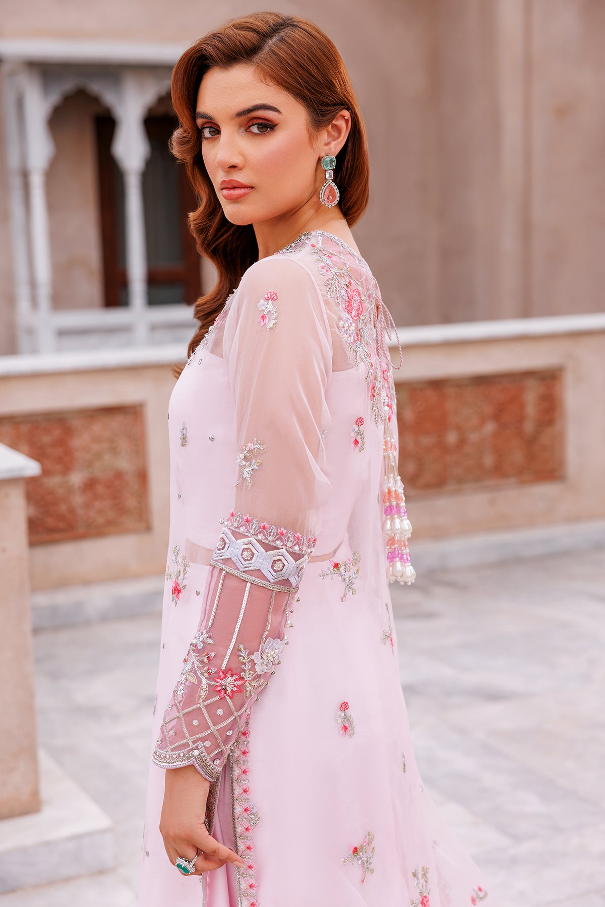 Pakistani Blush Pink Embroidered Kattan Silk Sharara (3-Piece) - Image 4