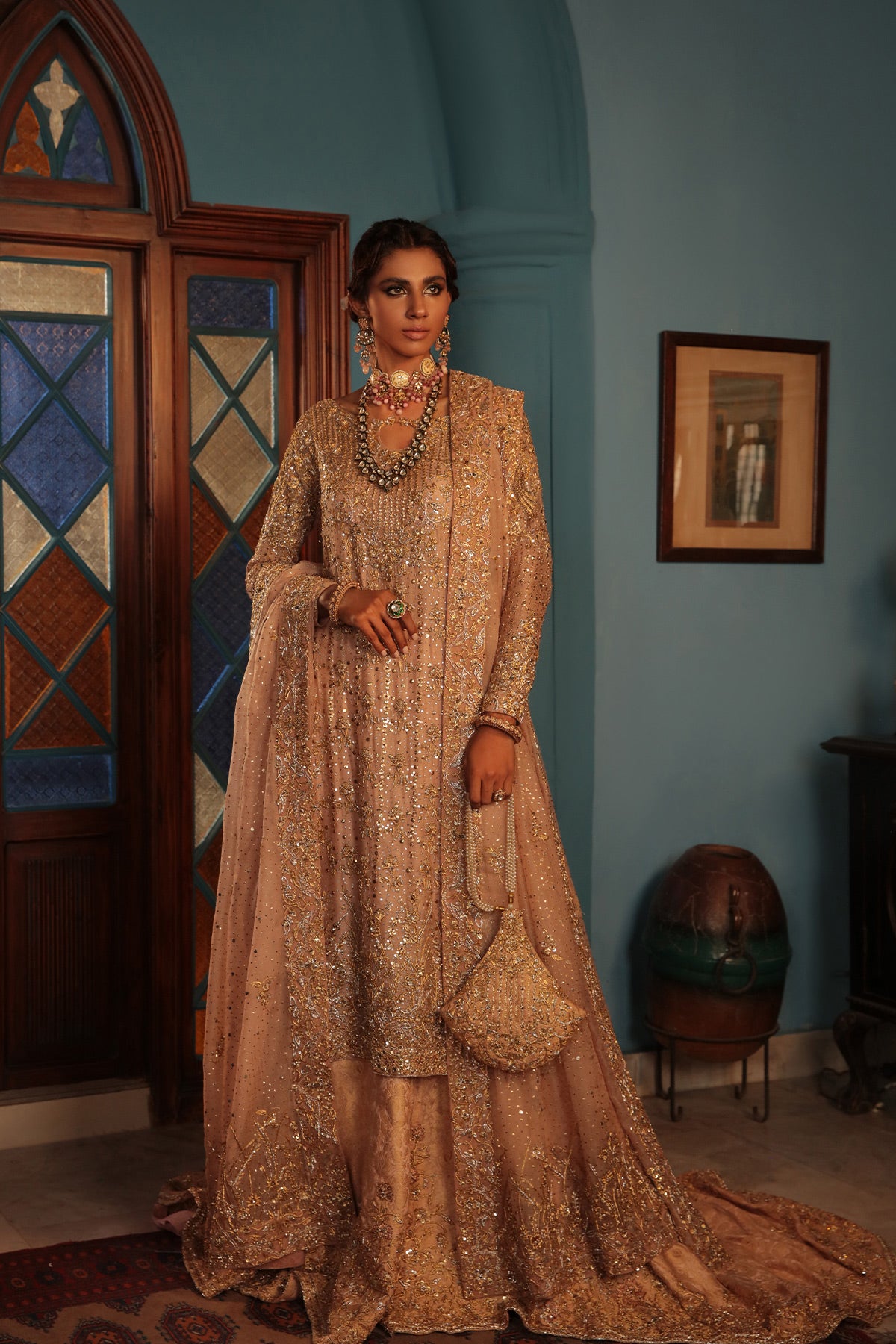 Pakistani Peach Embellished Khaadi Net & Jamawar Bridal Sharara (3-Piece) - Image 1