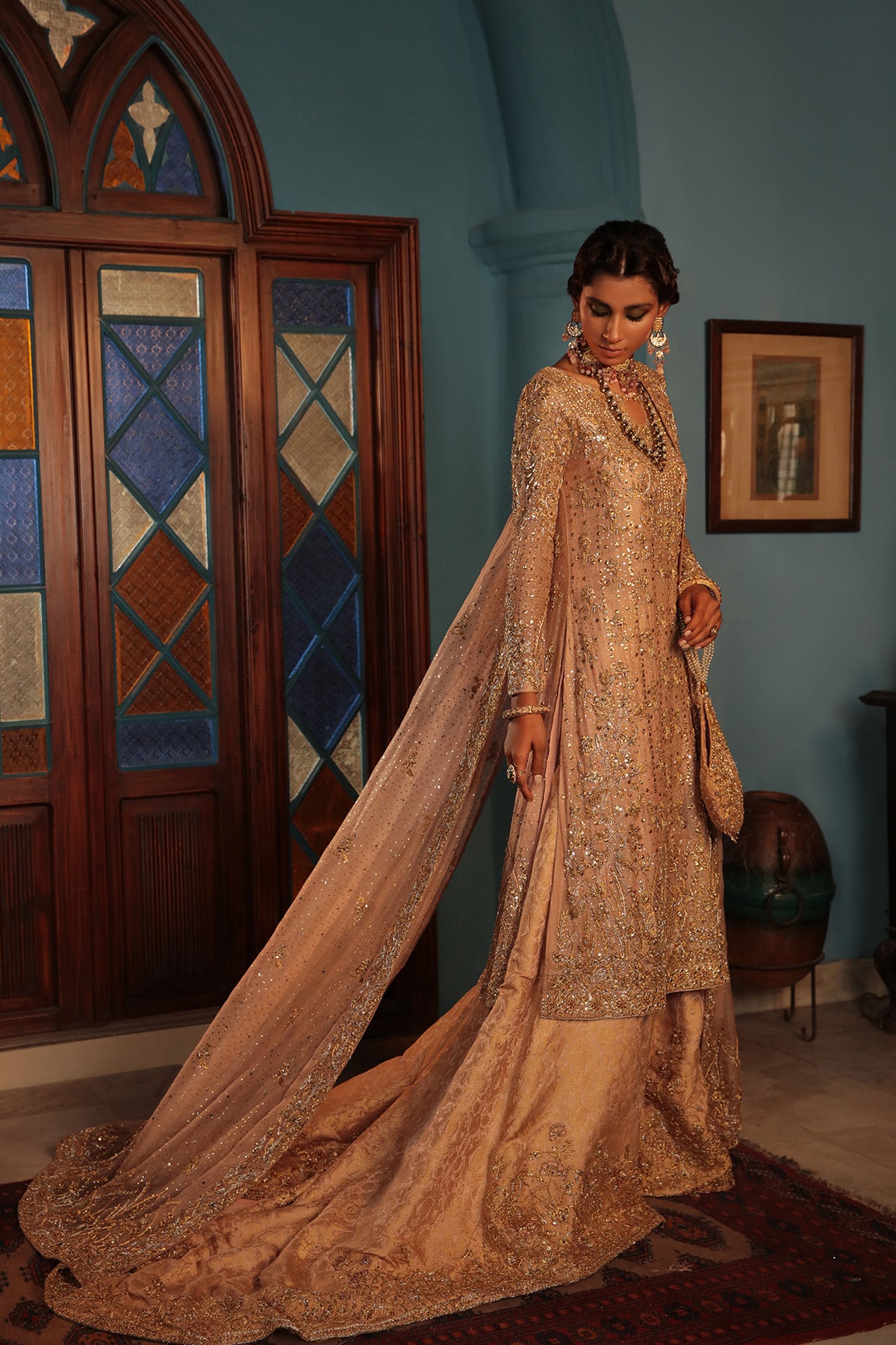 Pakistani Peach Embellished Khaadi Net & Jamawar Bridal Sharara (3-Piece) - Image 2