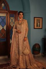 Pakistani Peach Embellished Khaadi Net & Jamawar Bridal Sharara (3-Piece) - Image 4