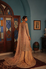 Pakistani Peach Embellished Khaadi Net & Jamawar Bridal Sharara (3-Piece) - Image 6