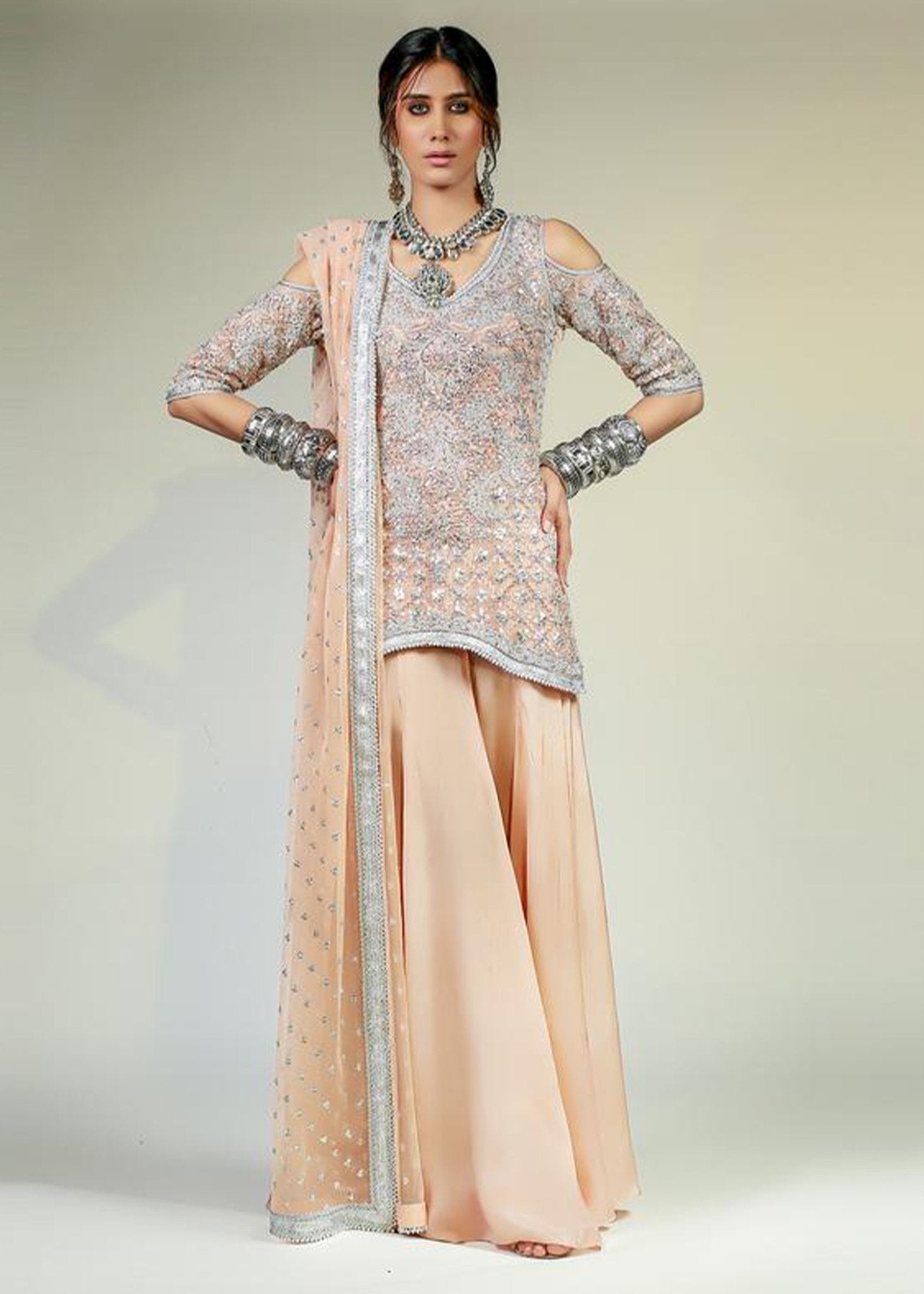 Salmon Pink Embellished Korean Net Sharara (3-Piece) - Image 1