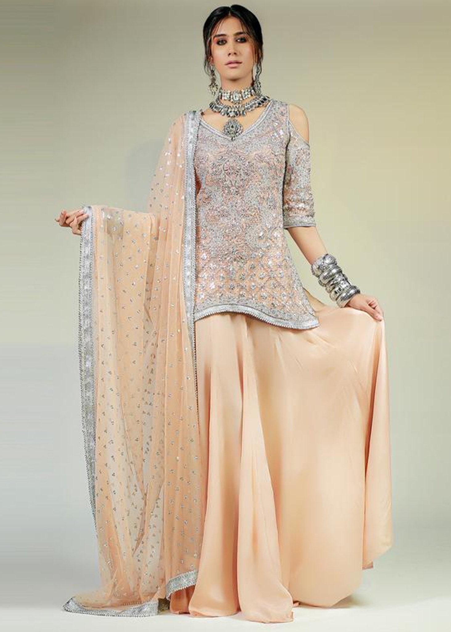 Salmon Pink Embellished Korean Net Sharara (3-Piece) - Image 2