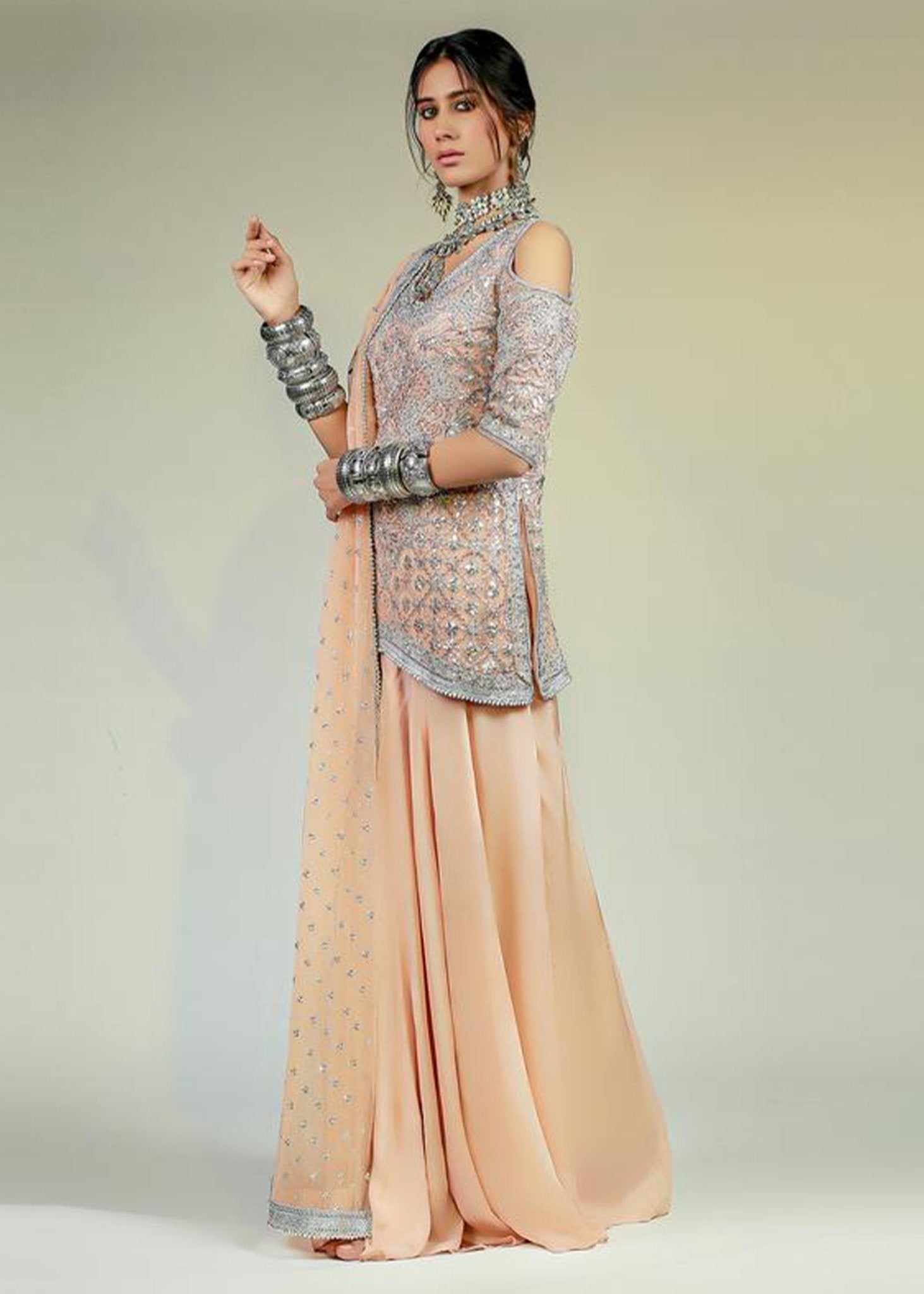 Salmon Pink Embellished Korean Net Sharara (3-Piece) - Image 3