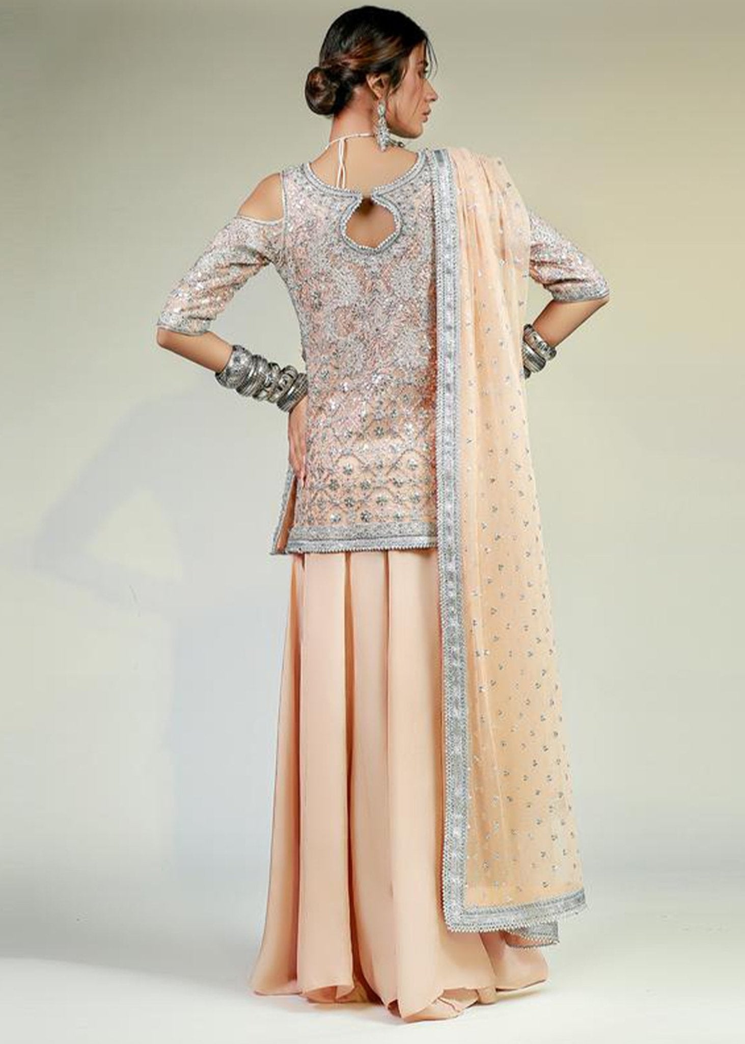 Salmon Pink Embellished Korean Net Sharara (3-Piece) - Image 4