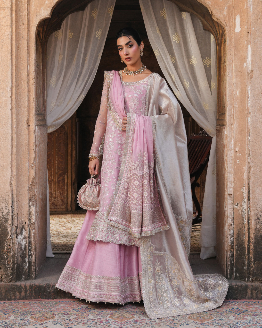 Pakistani Candy Floss Pink Embroidered Chiffon Sharara Set (3-Piece) - Image 1