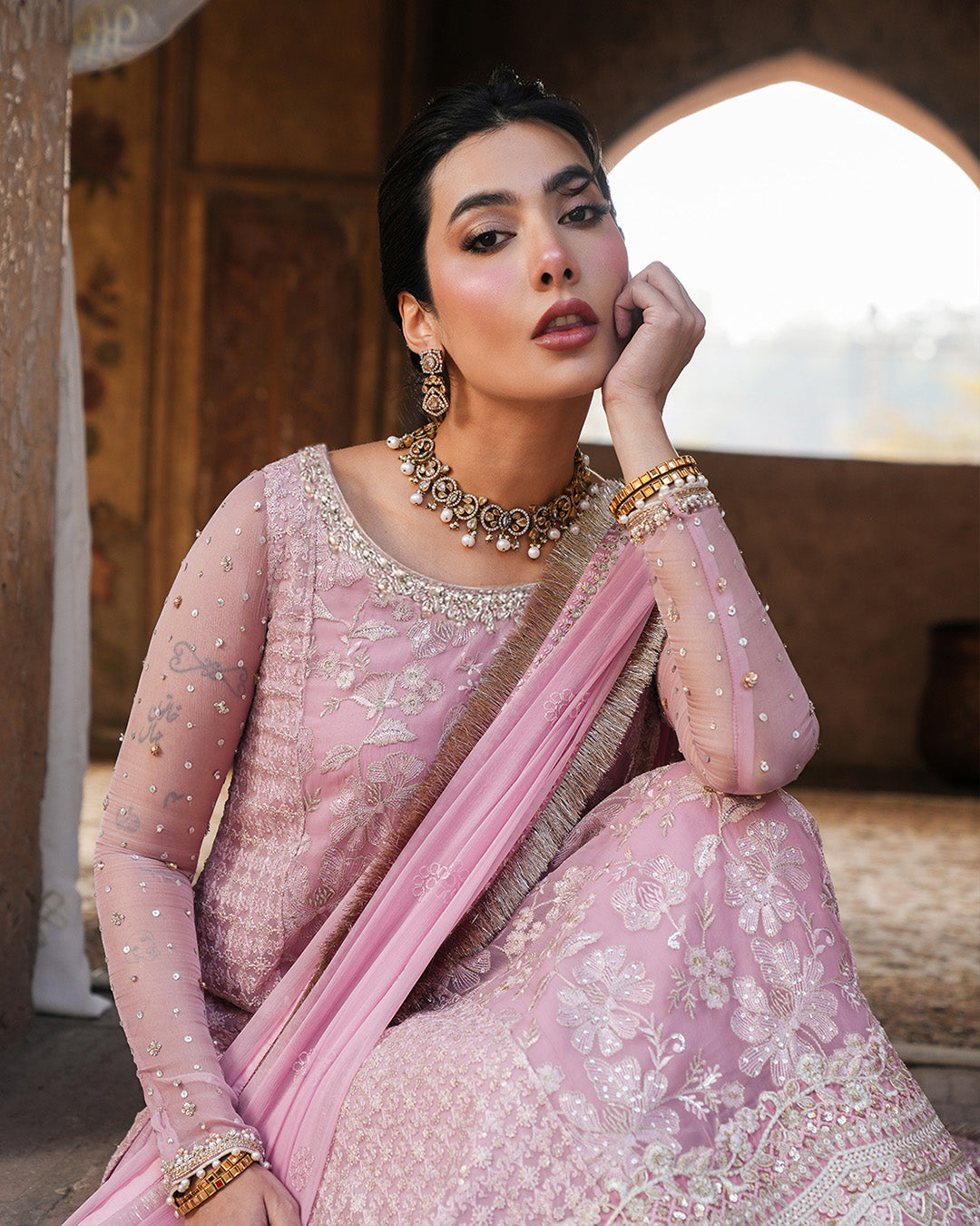 Pakistani Candy Floss Pink Embroidered Chiffon Sharara Set (3-Piece) - Image 5
