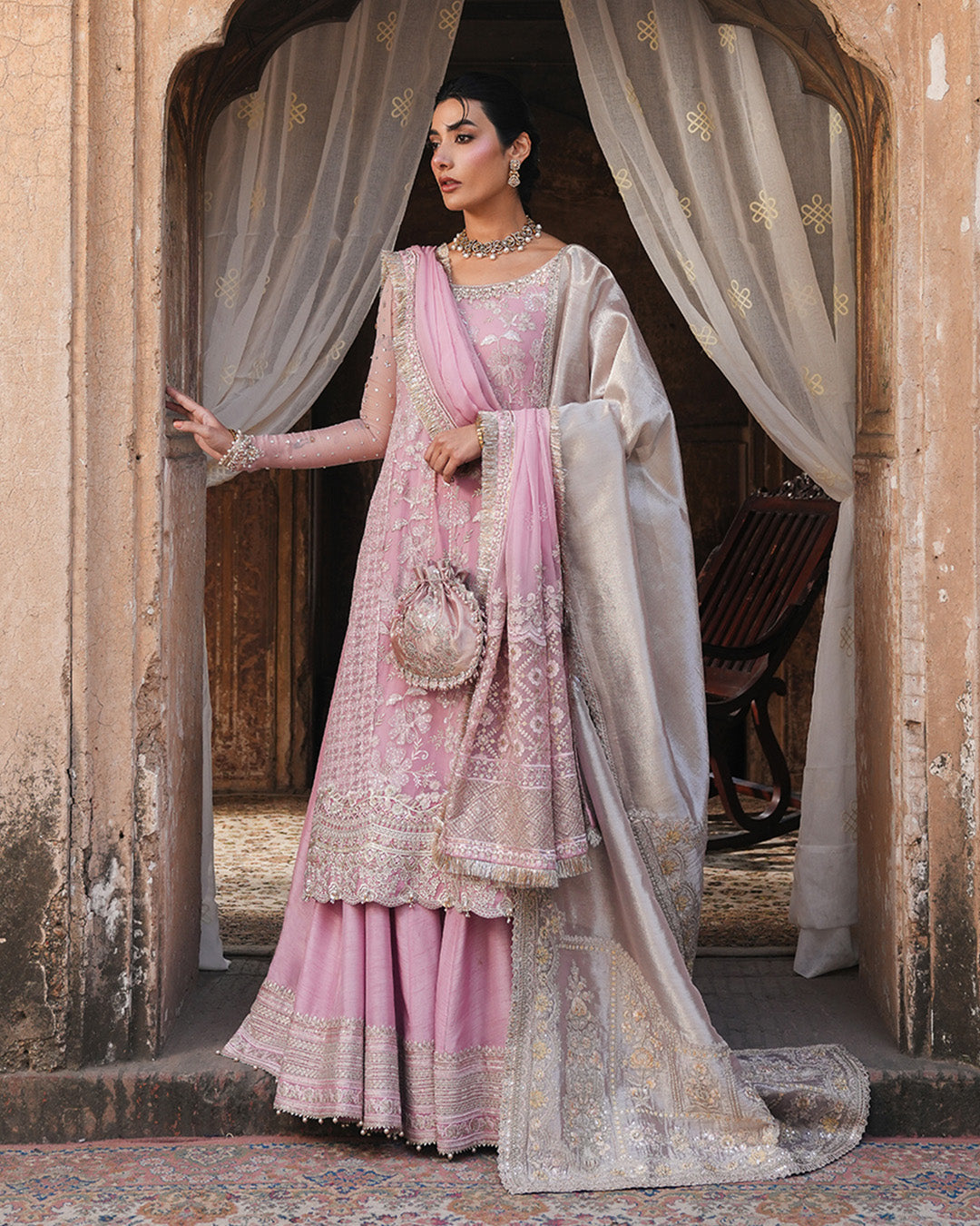 Pakistani Candy Floss Pink Embroidered Chiffon Sharara Set (3-Piece) - Image 6