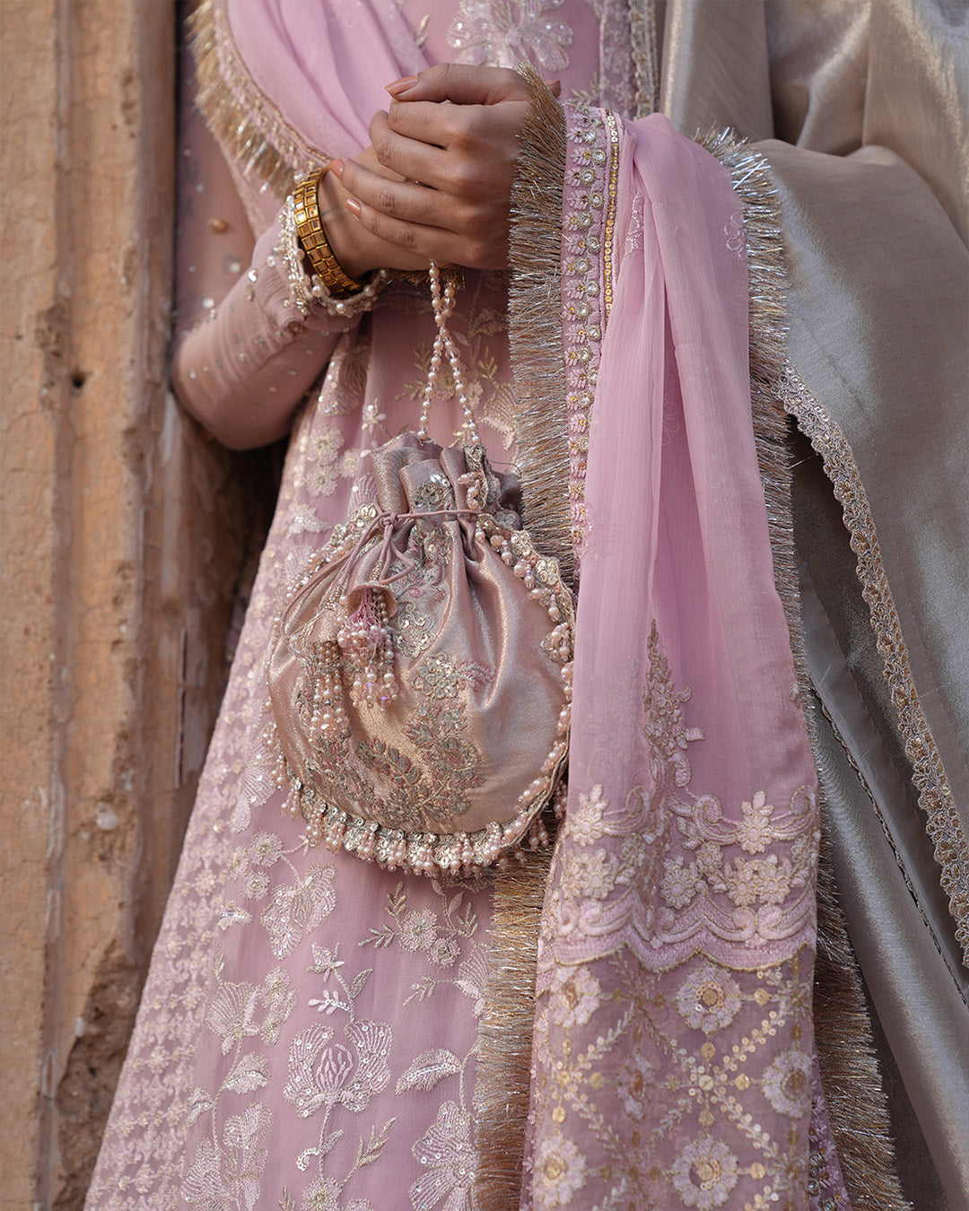 Pakistani Candy Floss Pink Embroidered Chiffon Sharara Set (3-Piece) - Image 7