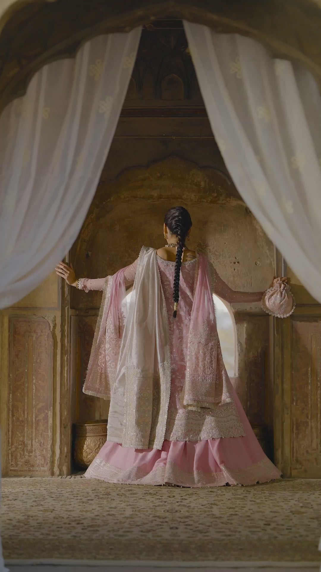 Pakistani Candy Floss Pink Embroidered Chiffon Sharara Set (3-Piece) - Image 8