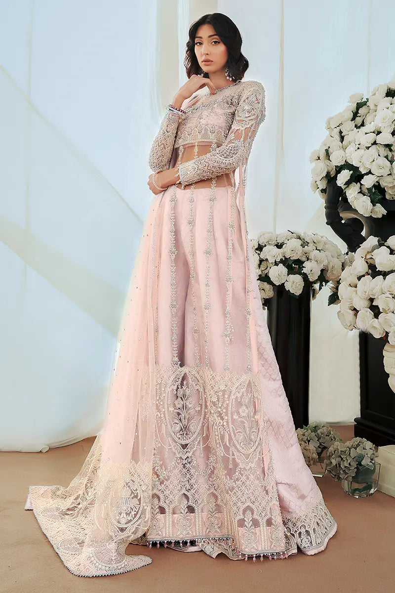 Powder Pink Embroidered Net & Silk Sharara (3-Piece) - Image 3