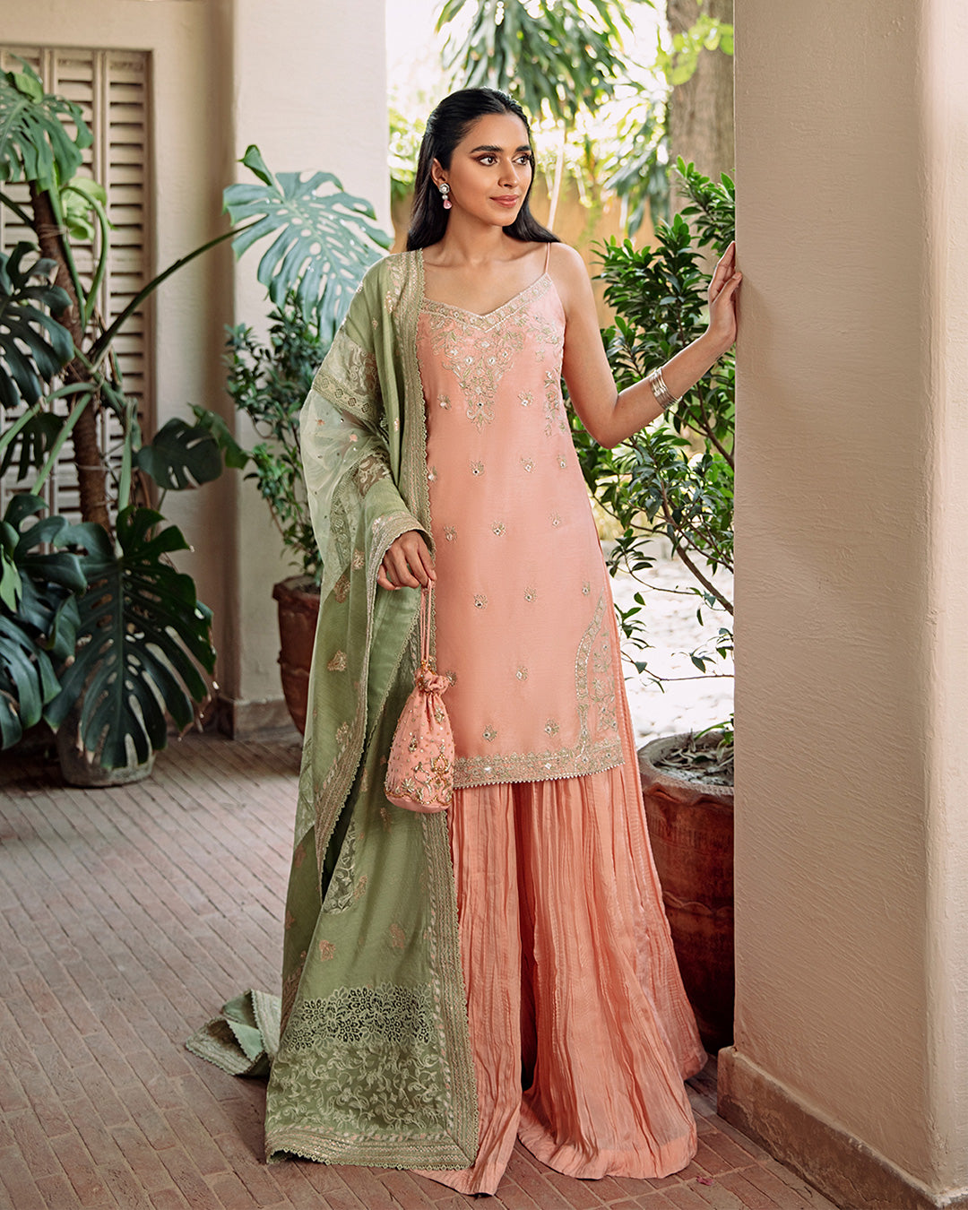 Peach Embroidered Silk Sharara Set (3-Piece) - Image 1