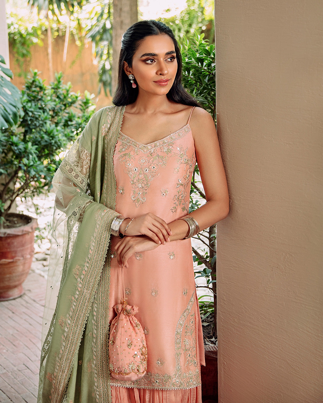 Peach Embroidered Silk Sharara Set (3-Piece) - Image 2