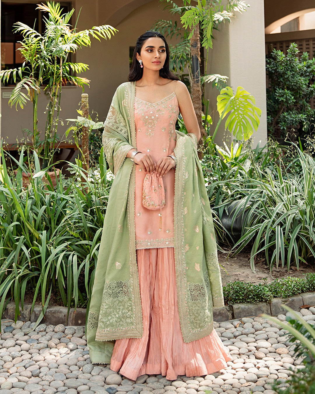 Peach Embroidered Silk Sharara Set (3-Piece) - Image 4