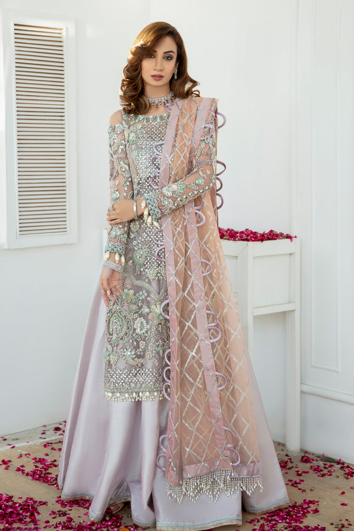 Pakistani Mauve Hand Embellished Net & Lama Sharara (3-Piece) - Image 1