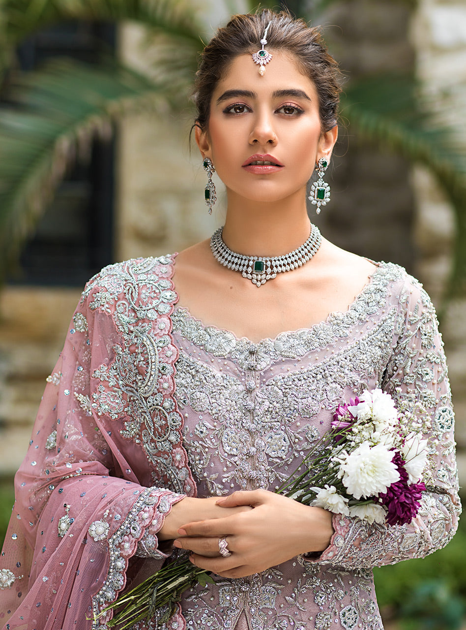 Pakistani Dusty Pink Embellished Net Gown with Jacquard Sharara (3-Piece) - Image 4