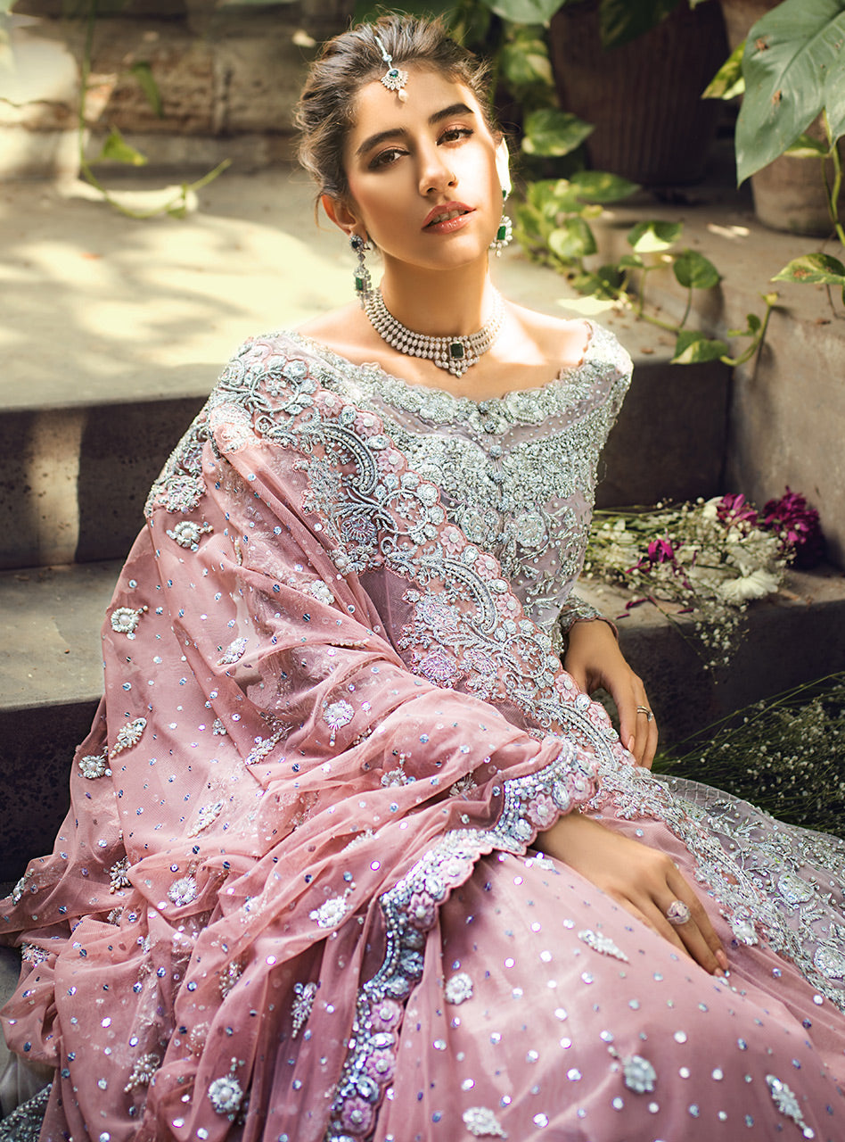 Pakistani Dusty Pink Embellished Net Gown with Jacquard Sharara (3-Piece) - Image 5