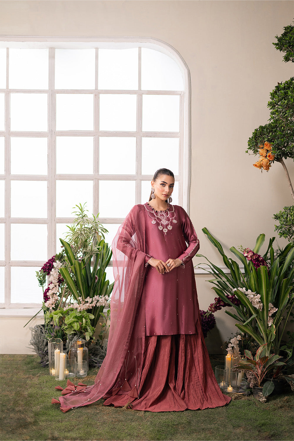 Dusty Rose Embellished Sharara Set (3-Piece) - Image 1