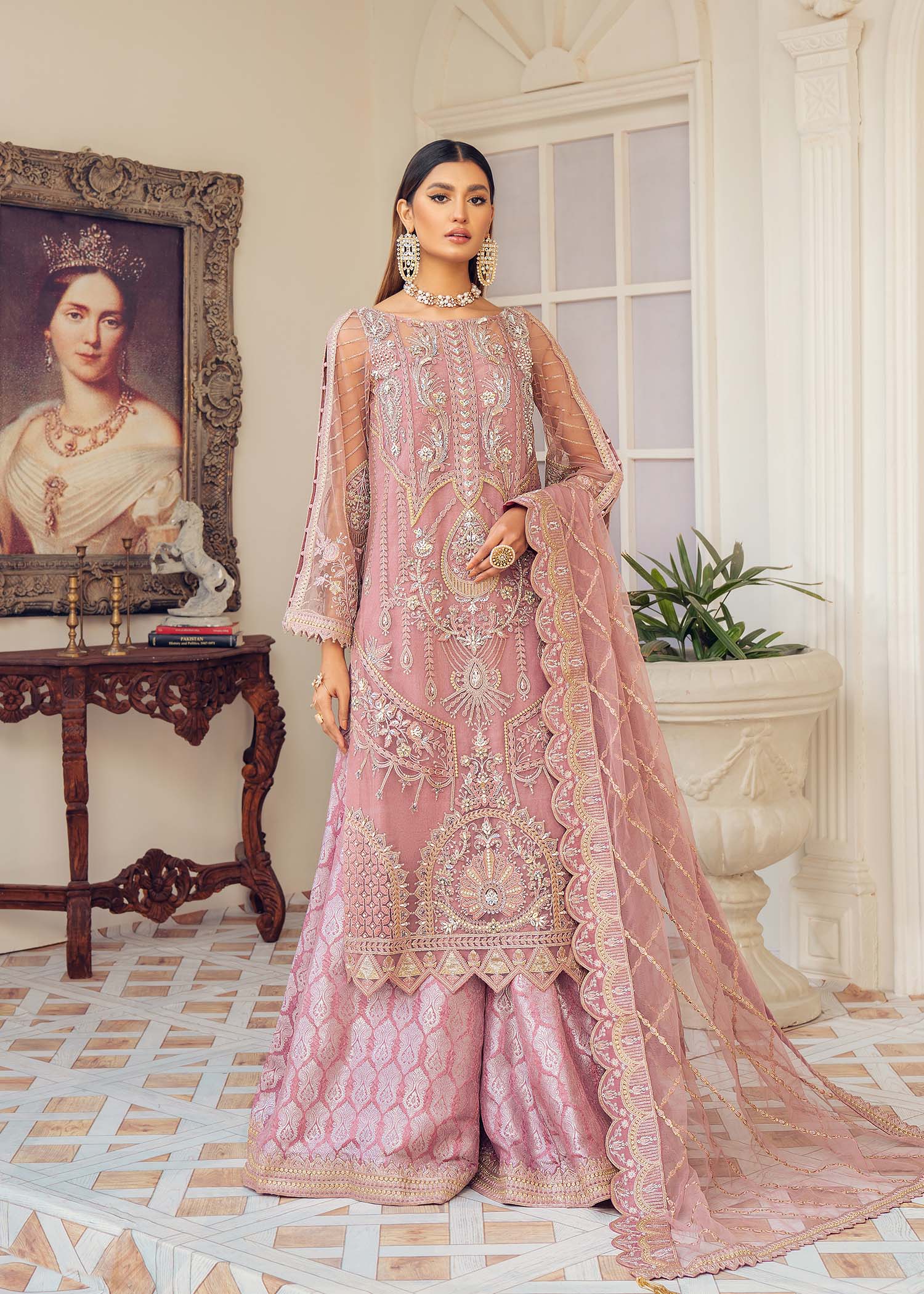 Pakistani Dusty Pink Hand-Embellished Net & Jacquard Sharara (3-Piece) - Image 2