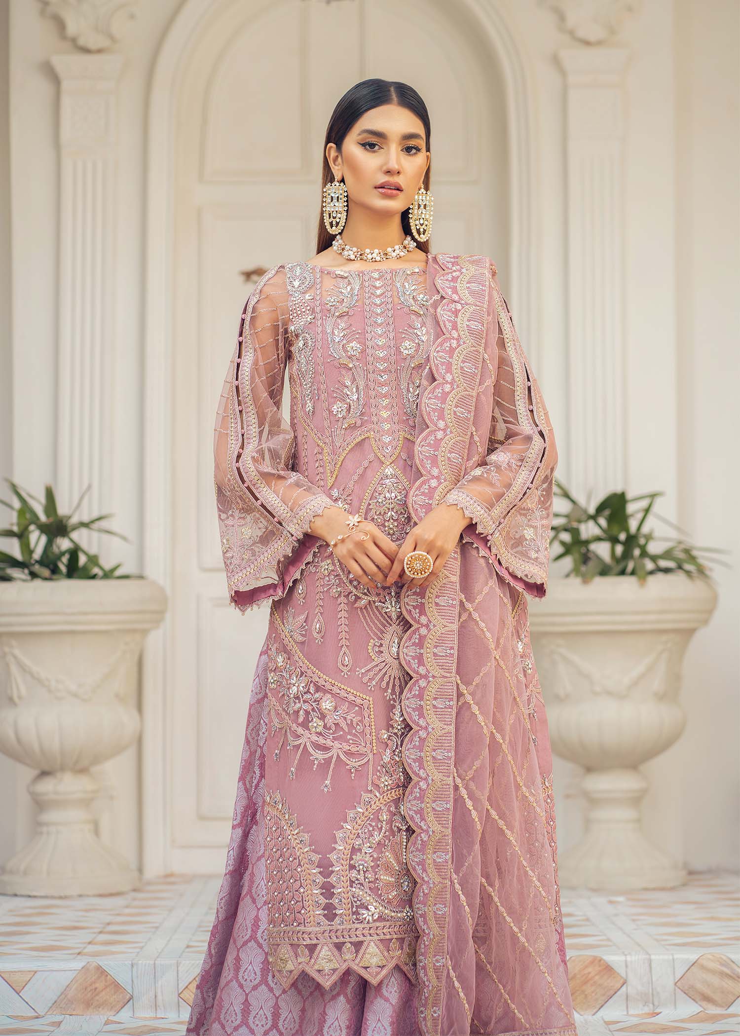 Pakistani Dusty Pink Hand-Embellished Net & Jacquard Sharara (3-Piece) - Image 3