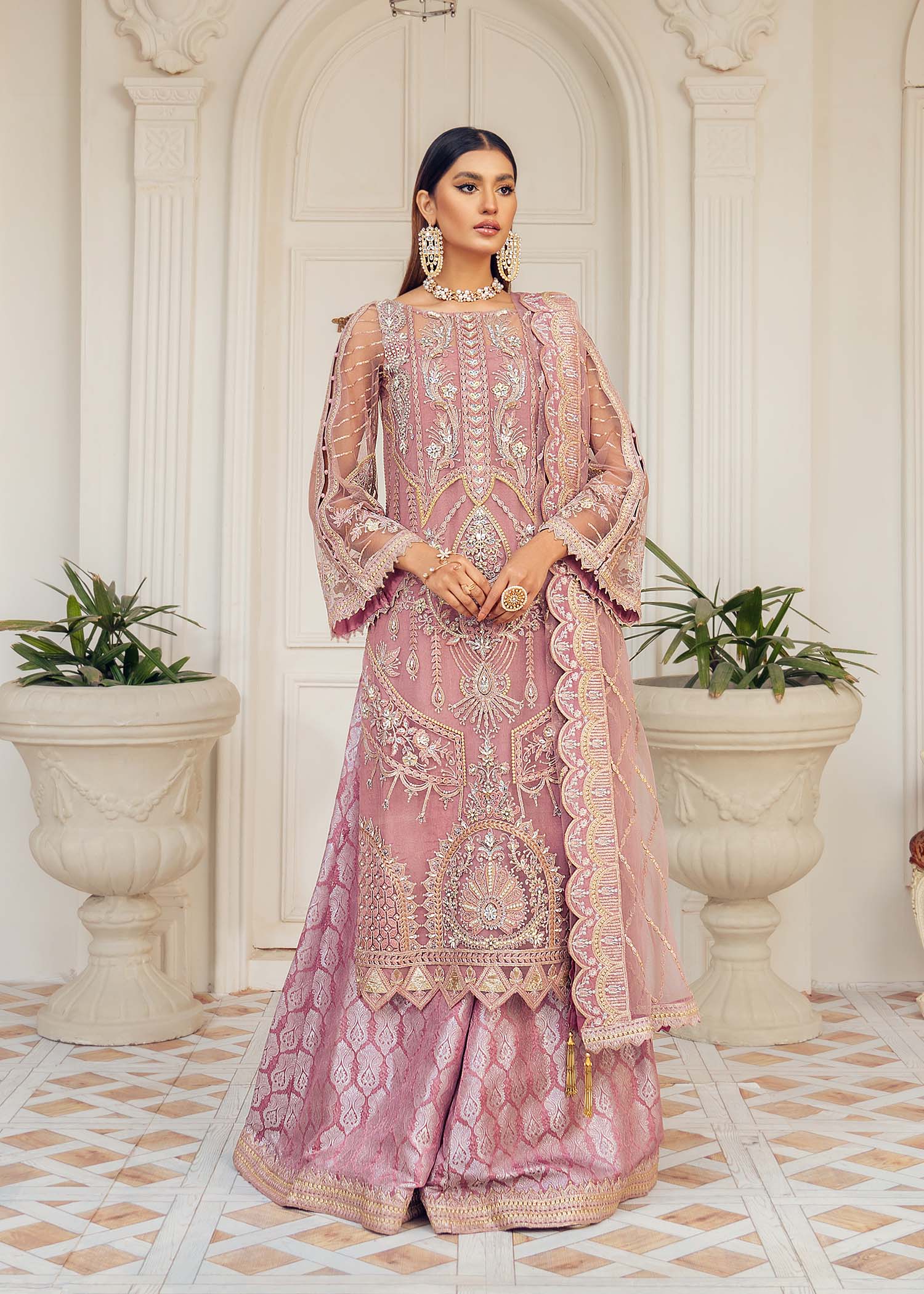 Pakistani Dusty Pink Hand-Embellished Net & Jacquard Sharara (3-Piece) - Image 4