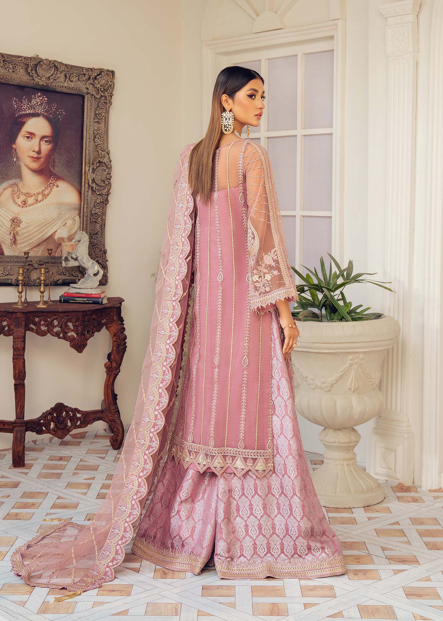 Pakistani Dusty Pink Hand-Embellished Net & Jacquard Sharara (3-Piece) - Image 7