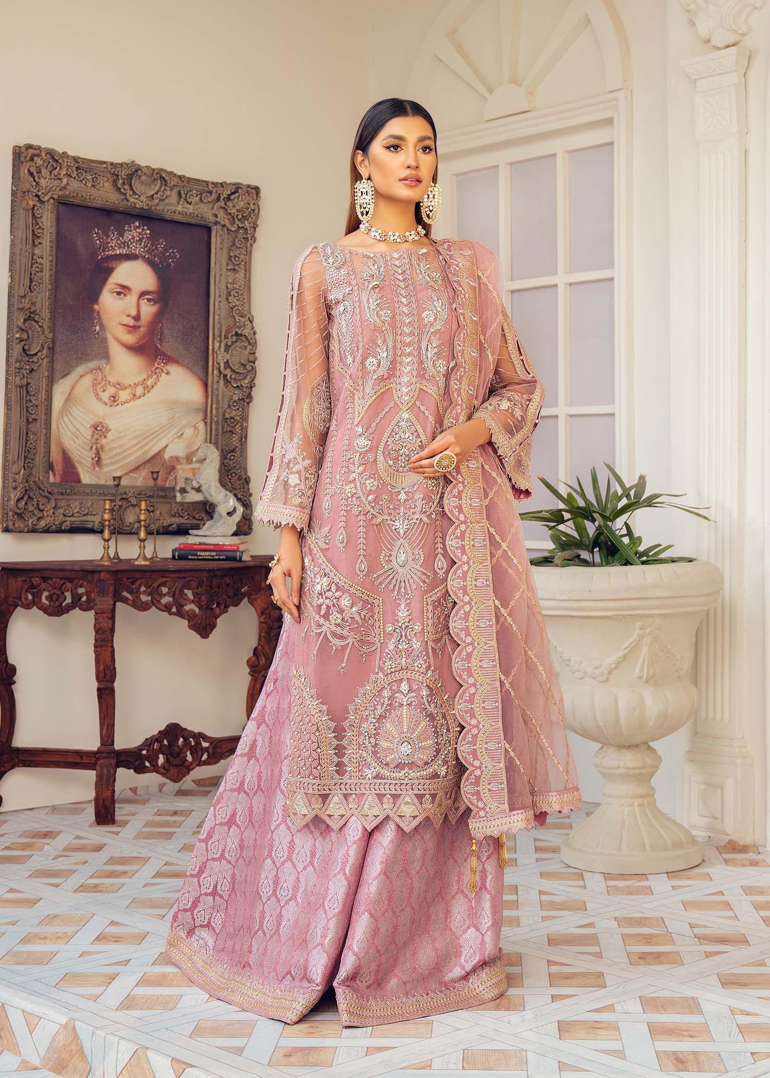 Pakistani Dusty Pink Hand-Embellished Net & Jacquard Sharara (3-Piece) - Image 8
