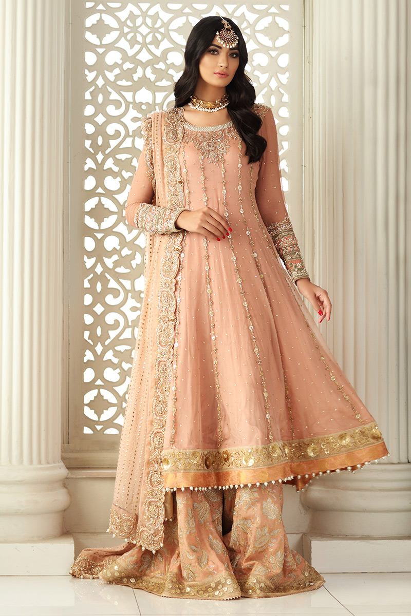 Pakistani Rose Pink Dabka Gota Net Anarkali Sharara (3-Piece) - Image 1