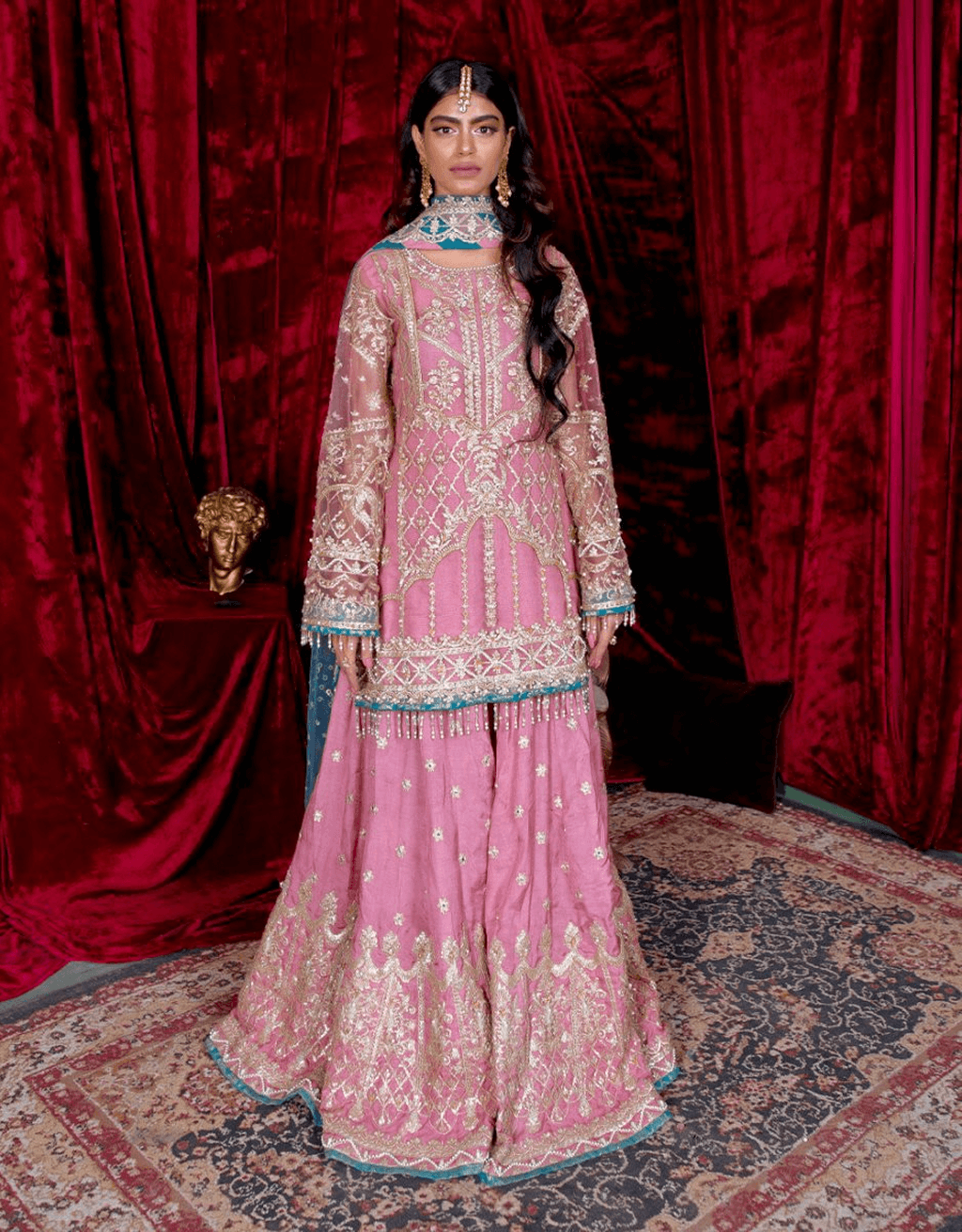 Indian Tea Pink Embroidered Net Sharara Set (3-Piece) - Image 1