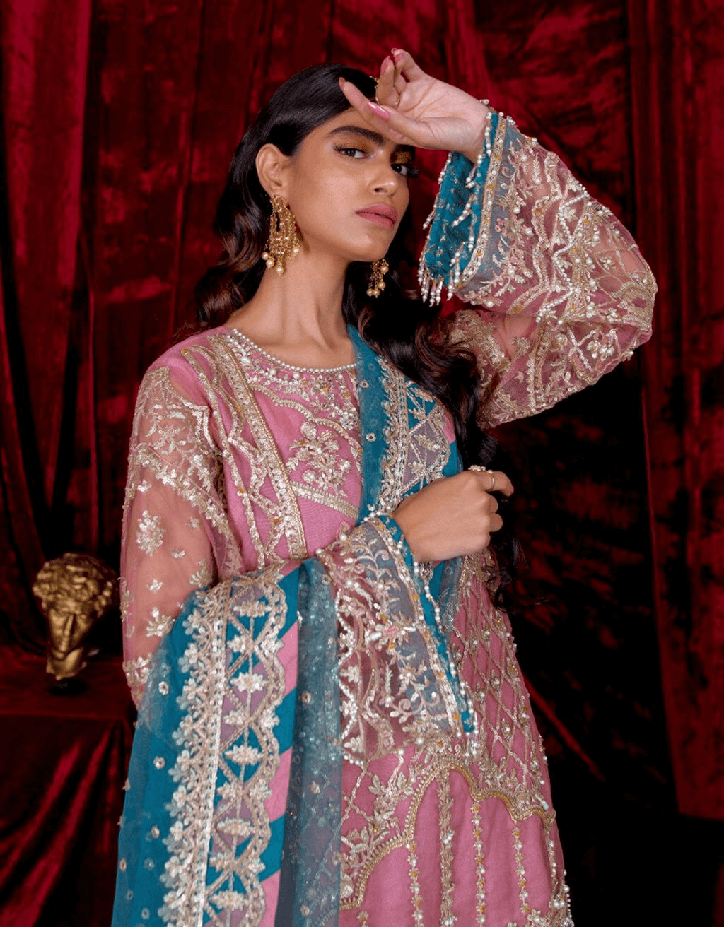 Indian Tea Pink Embroidered Net Sharara Set (3-Piece) - Image 2