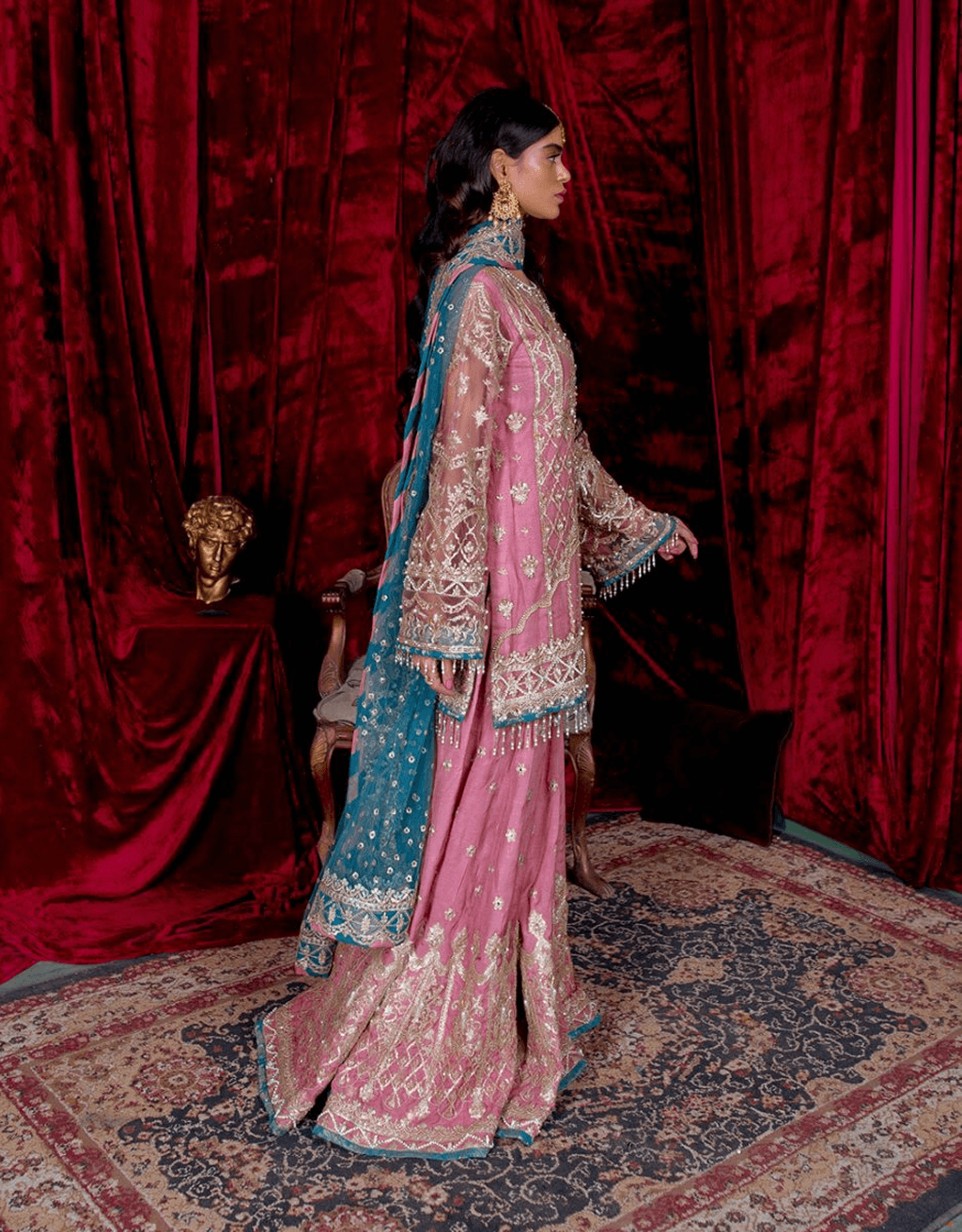 Indian Tea Pink Embroidered Net Sharara Set (3-Piece) - Image 4