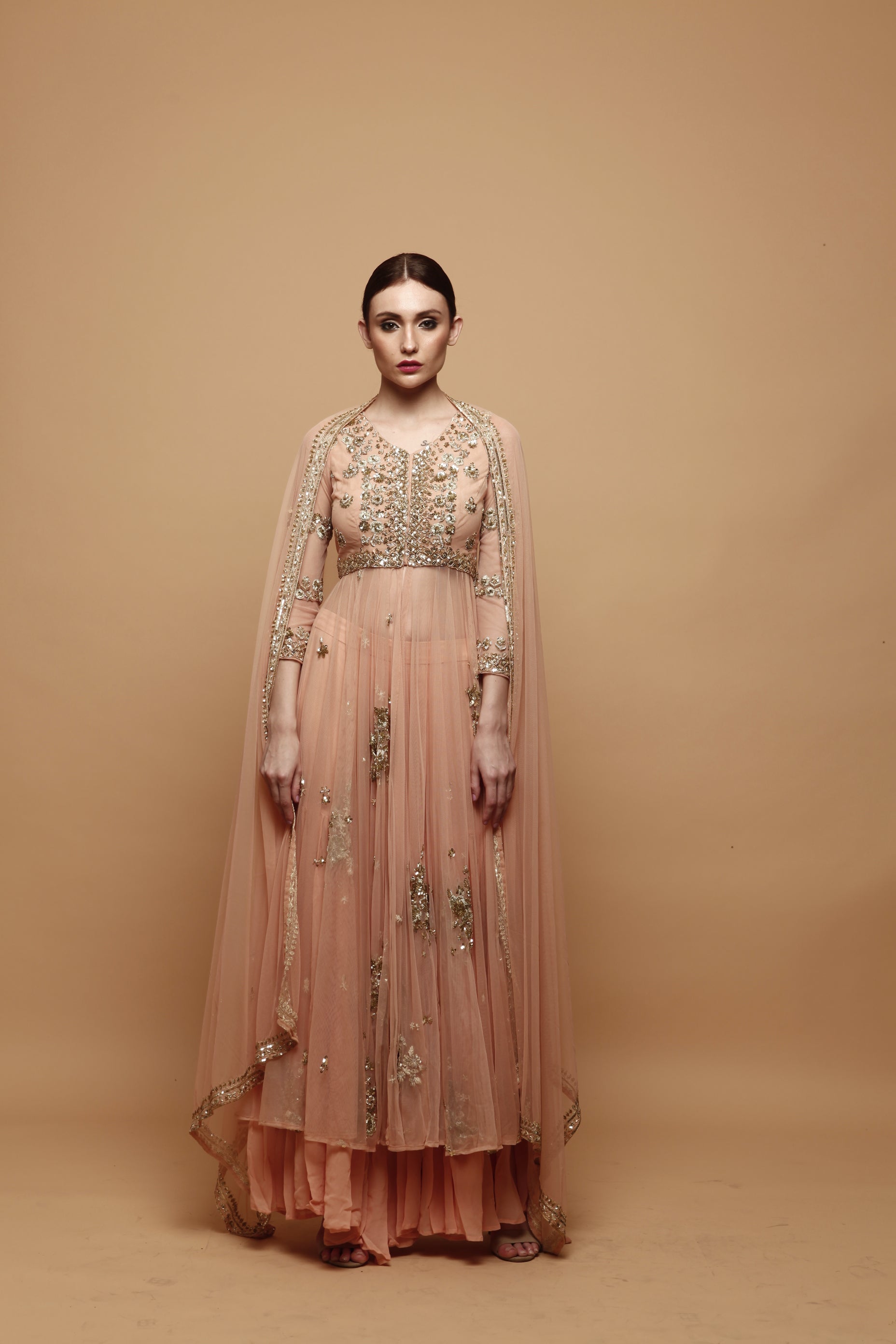 Peach Embellished Net Sharara Set (3-Piece) - Image 1
