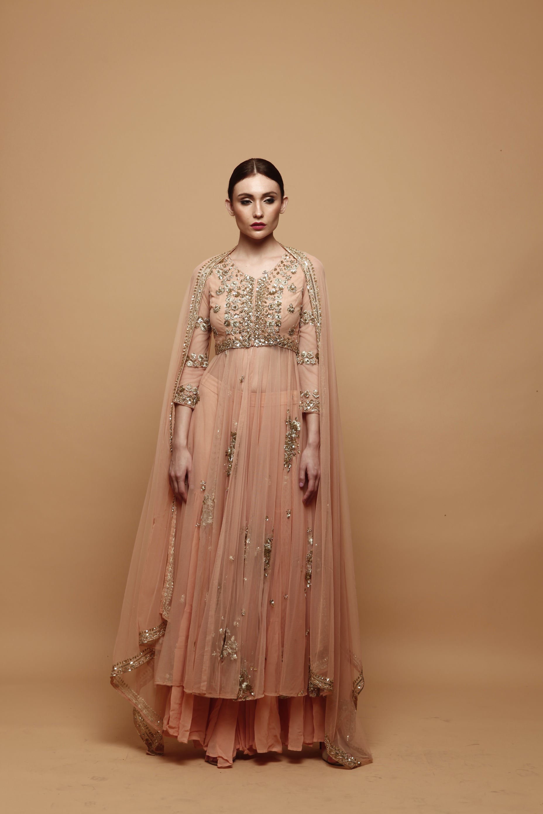 Peach Embellished Net Sharara Set (3-Piece) - Image 2