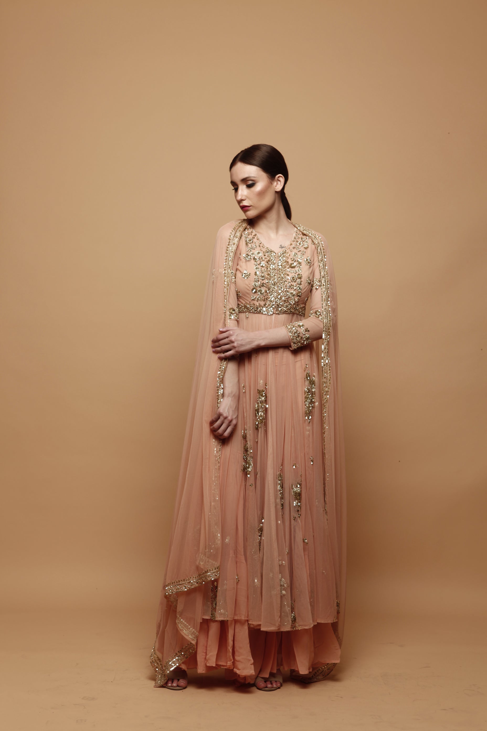 Peach Embellished Net Sharara Set (3-Piece) - Image 3