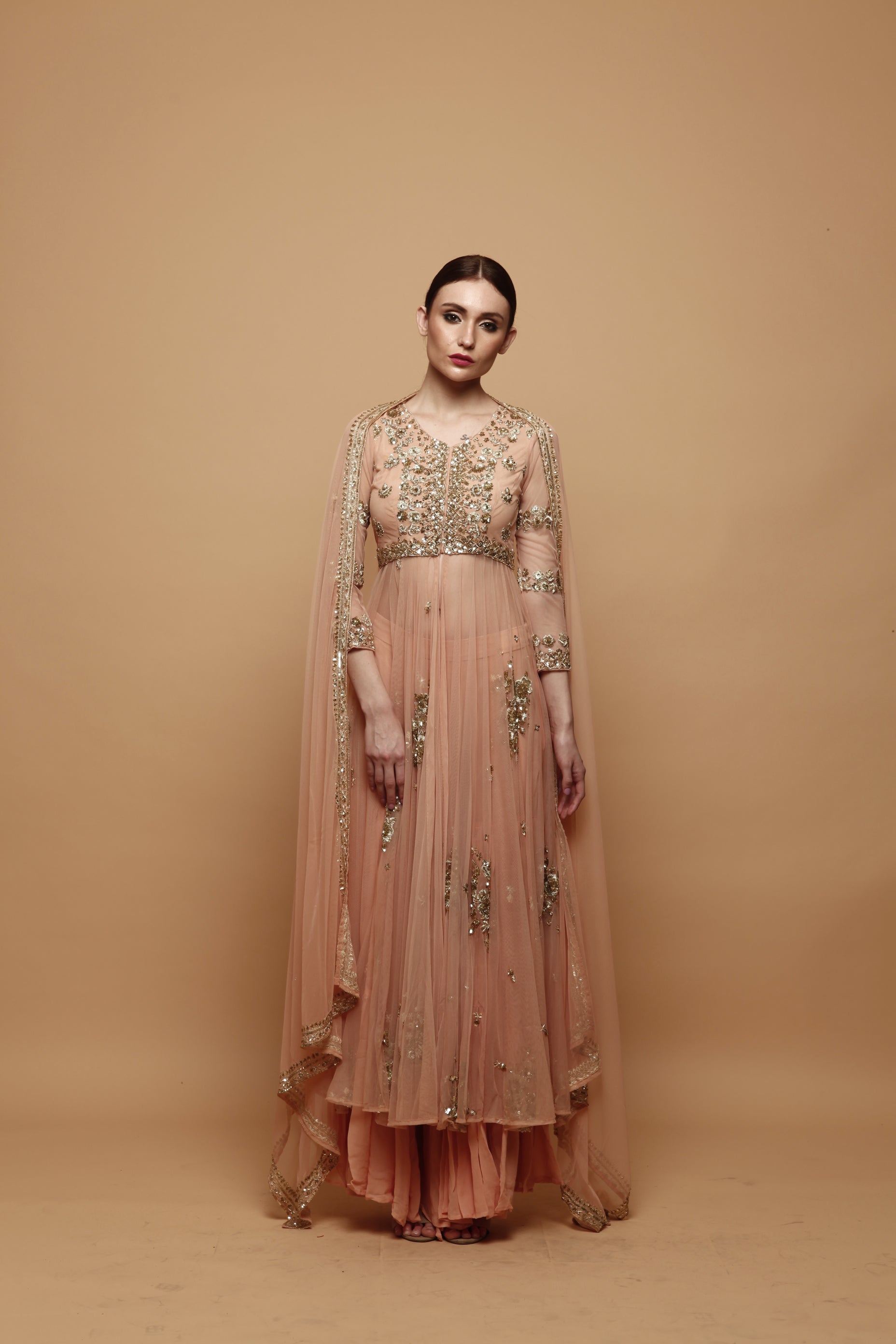 Peach Embellished Net Sharara Set (3-Piece) - Image 4