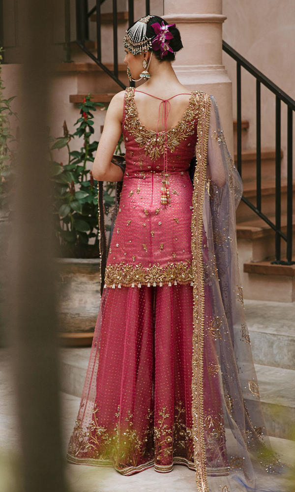 Pakistani Candy Pink Embroidered Net Sharara (3-Piece) - Image 8