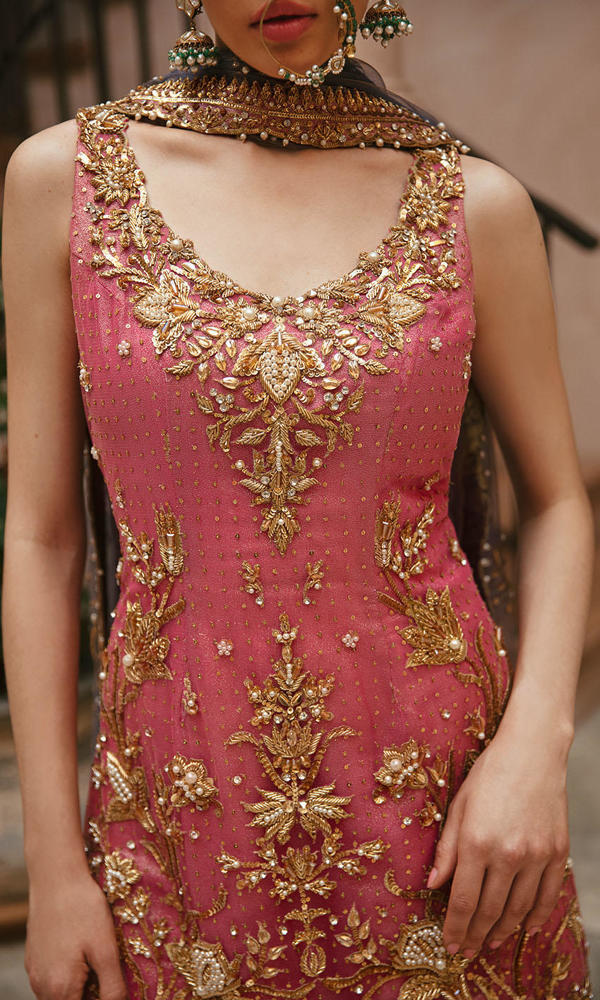 Pakistani Candy Pink Embroidered Net Sharara (3-Piece) - Image 9