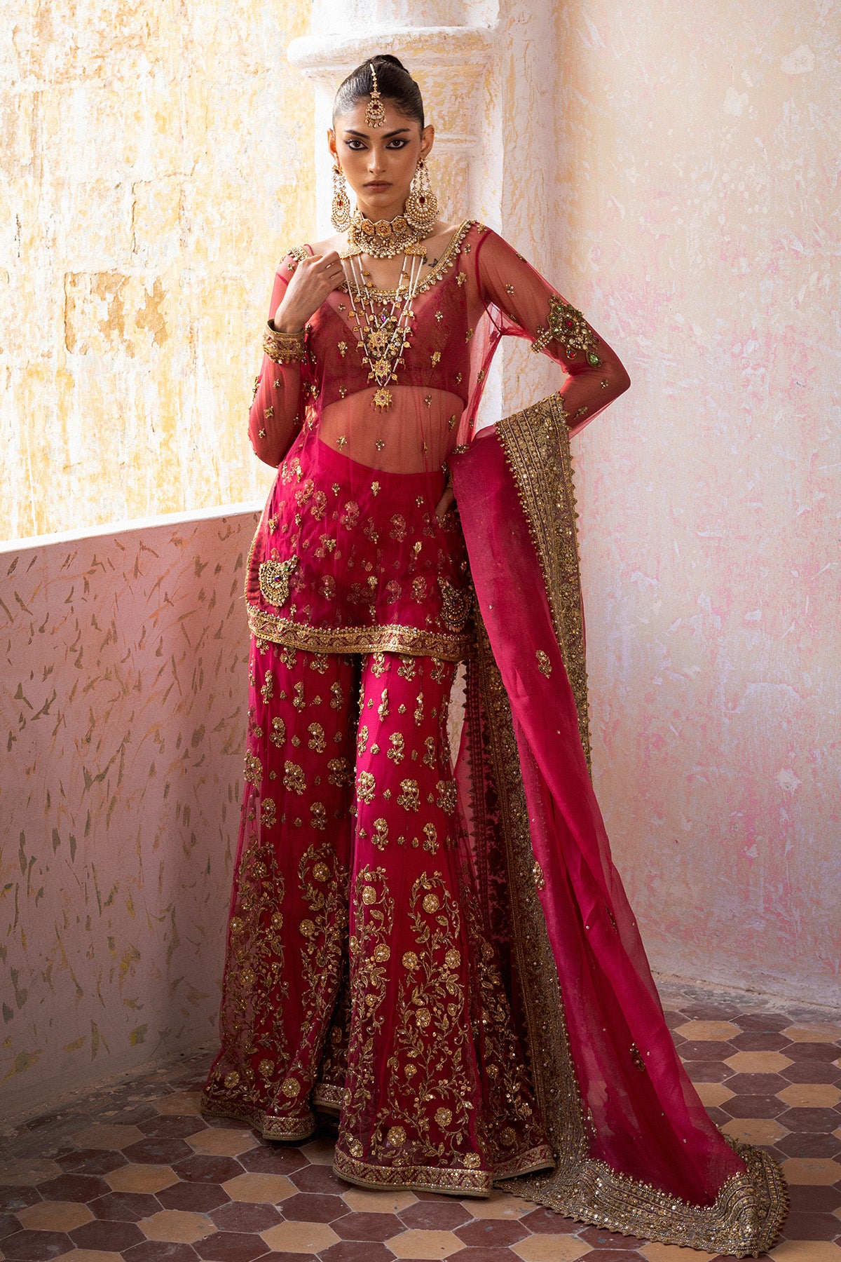 Pakistani Coral Pink Embroidered Net Sharara Set (3-Piece) - Image 1