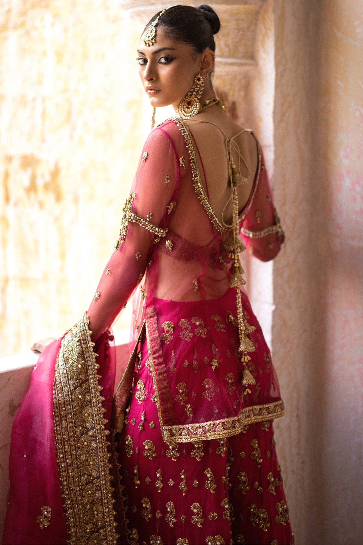 Pakistani Coral Pink Embroidered Net Sharara Set (3-Piece) - Image 2