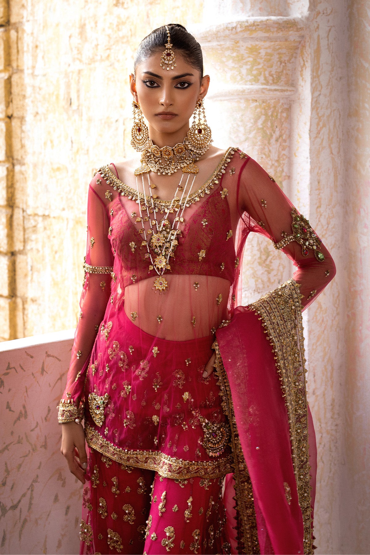 Pakistani Coral Pink Embroidered Net Sharara Set (3-Piece) - Image 3