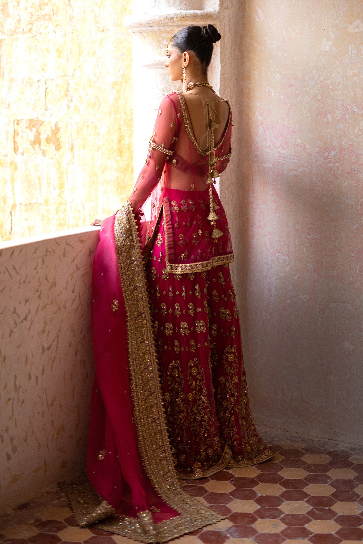 Pakistani Coral Pink Embroidered Net Sharara Set (3-Piece) - Image 4
