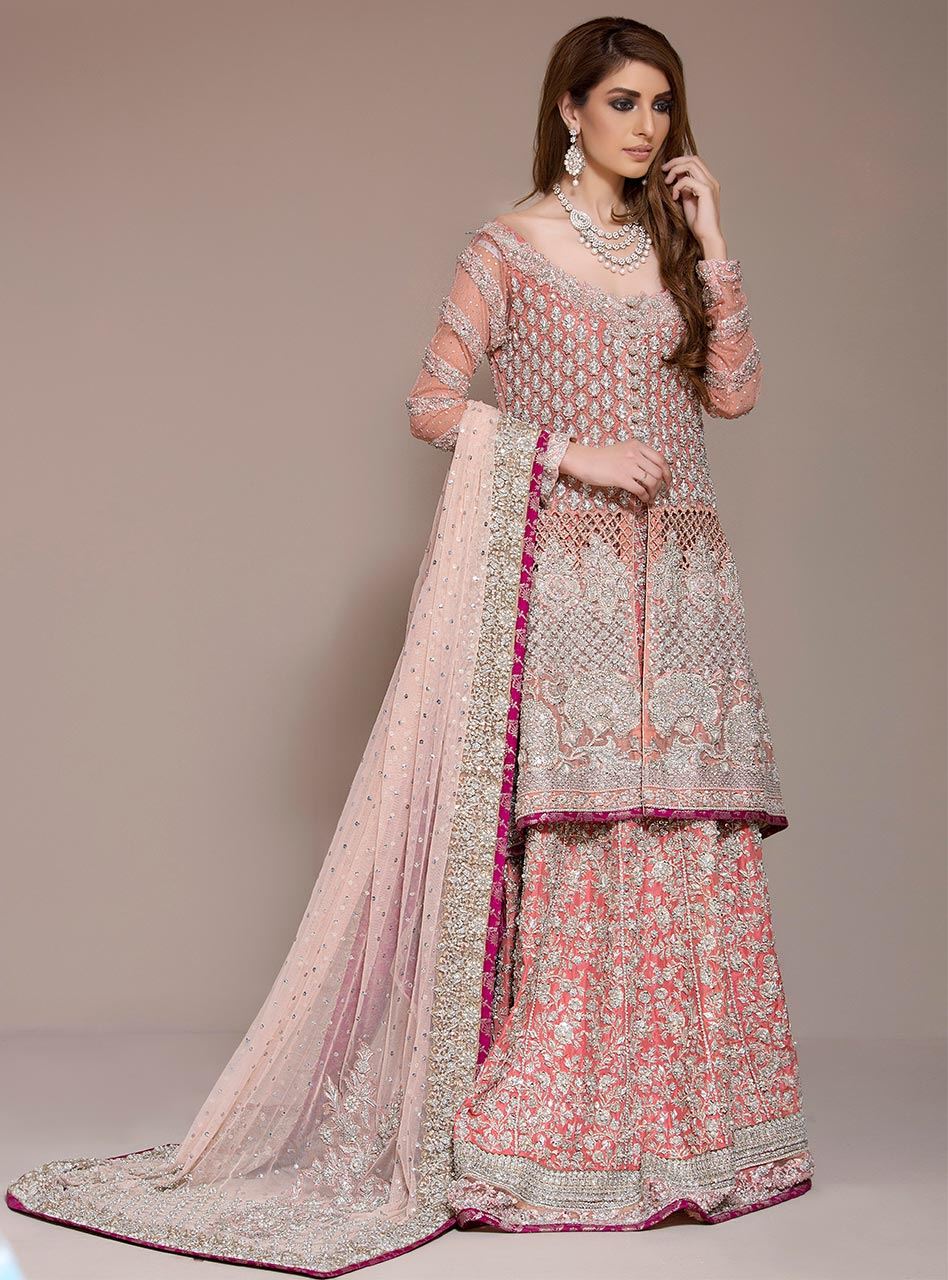 Pakistani Coral Pink Embellished Net Sharara (3-Piece) - Image 1