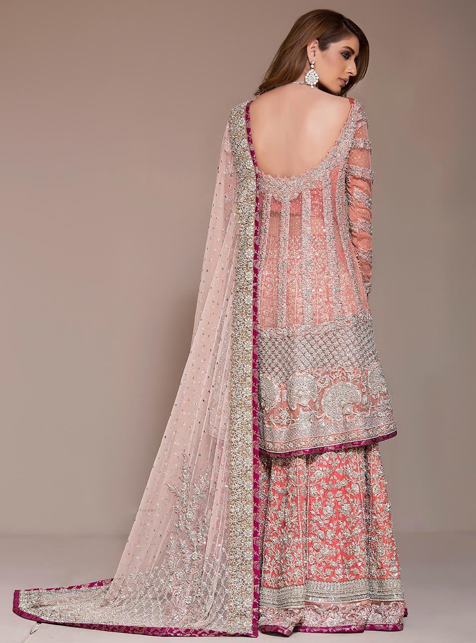Pakistani Coral Pink Embellished Net Sharara (3-Piece) - Image 2