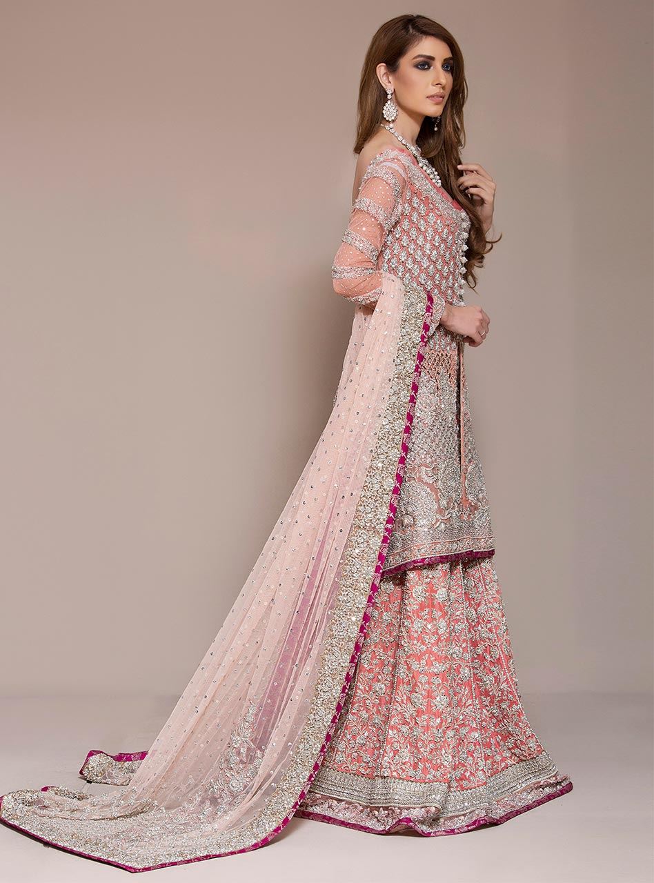 Pakistani Coral Pink Embellished Net Sharara (3-Piece) - Image 3