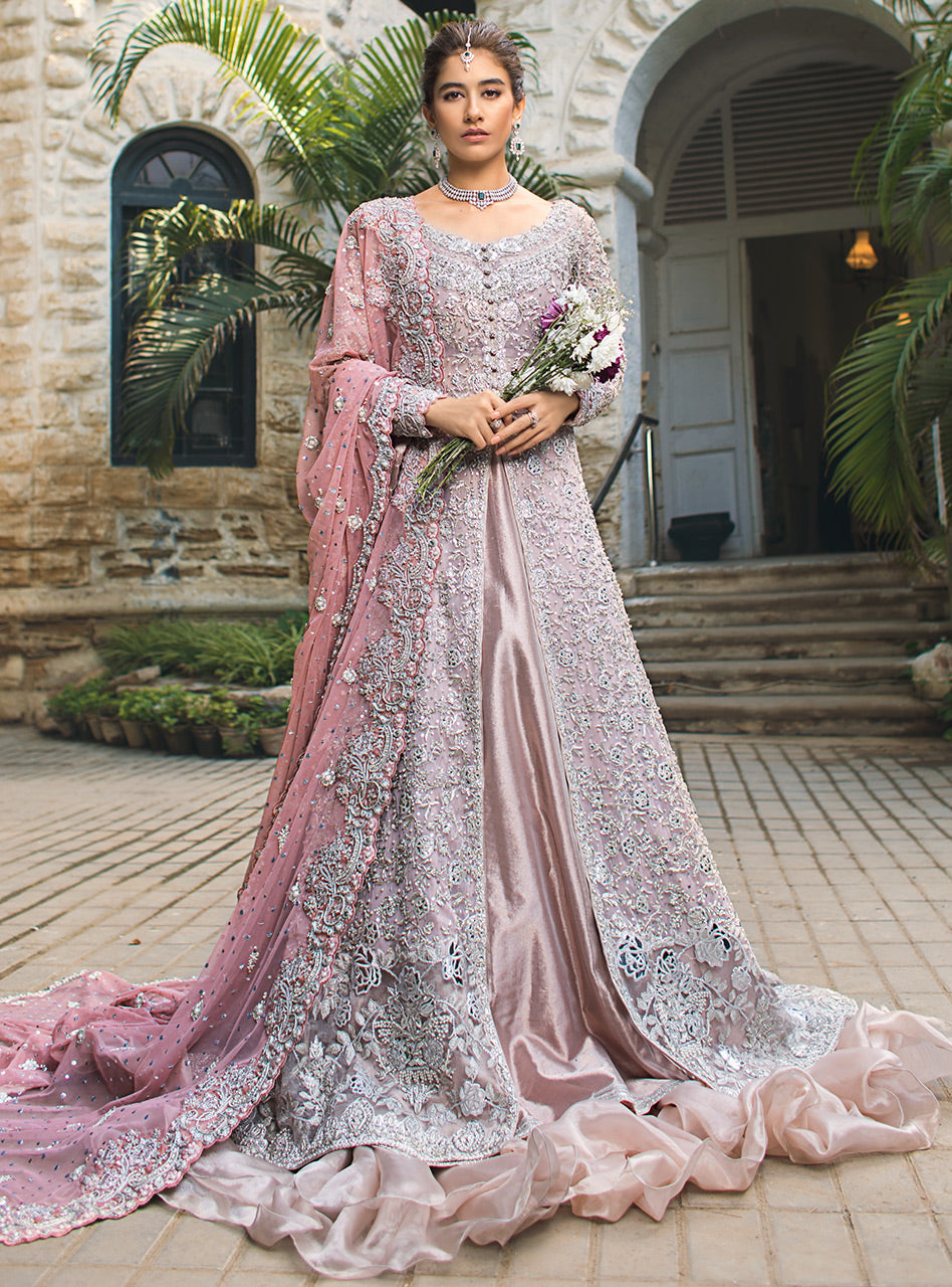 Pakistani Dusty Pink Embellished Net Gown with Jacquard Sharara (3-Piece) - Image 1