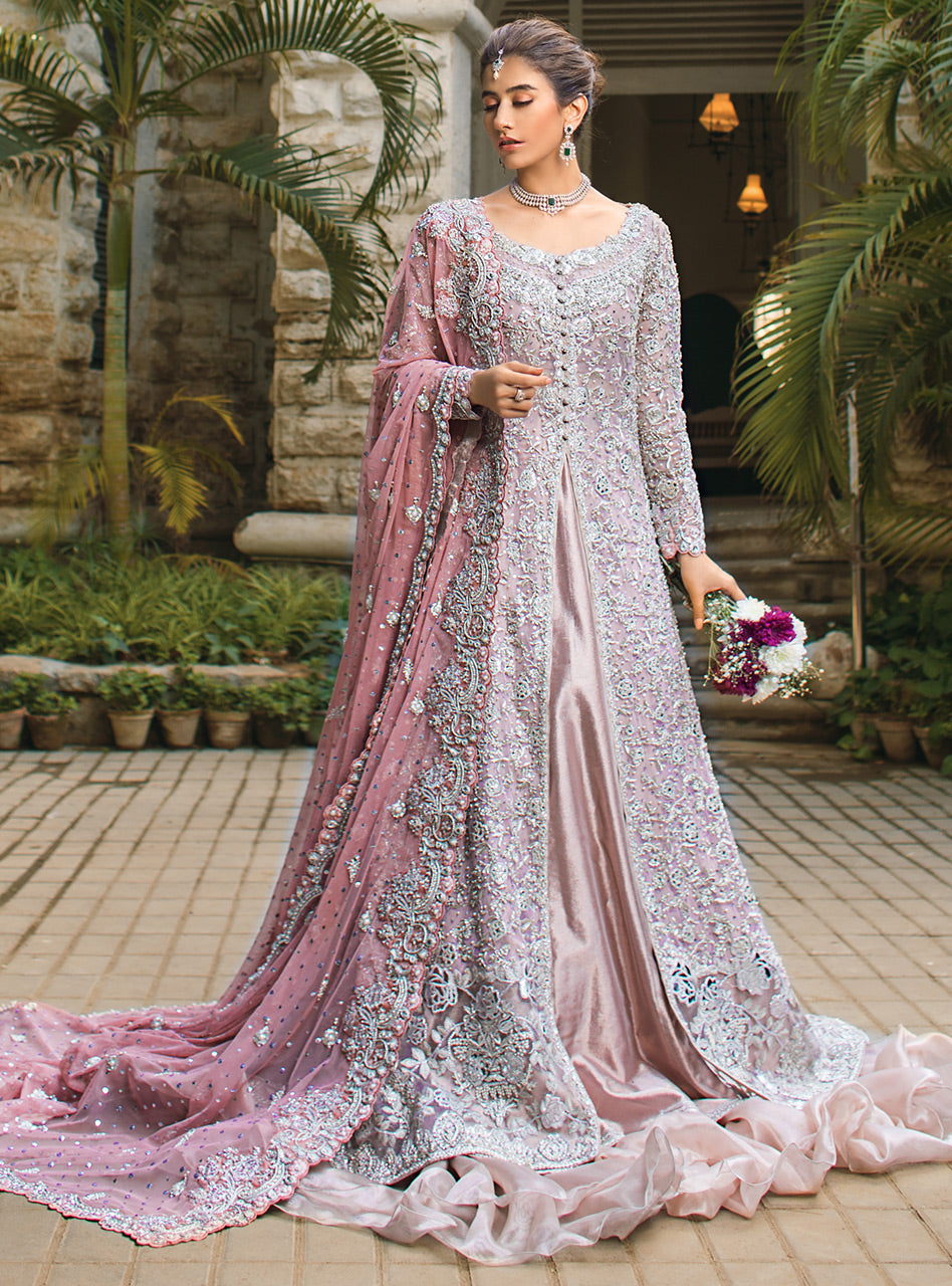 Pakistani Dusty Pink Embellished Net Gown with Jacquard Sharara (3-Piece) - Image 2