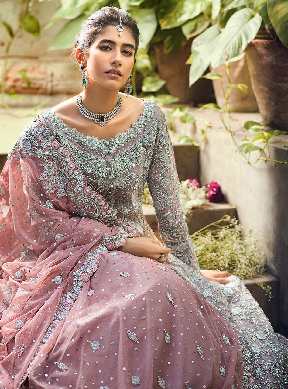 Pakistani Dusty Pink Embellished Net Gown with Jacquard Sharara (3-Piece) - Image 3