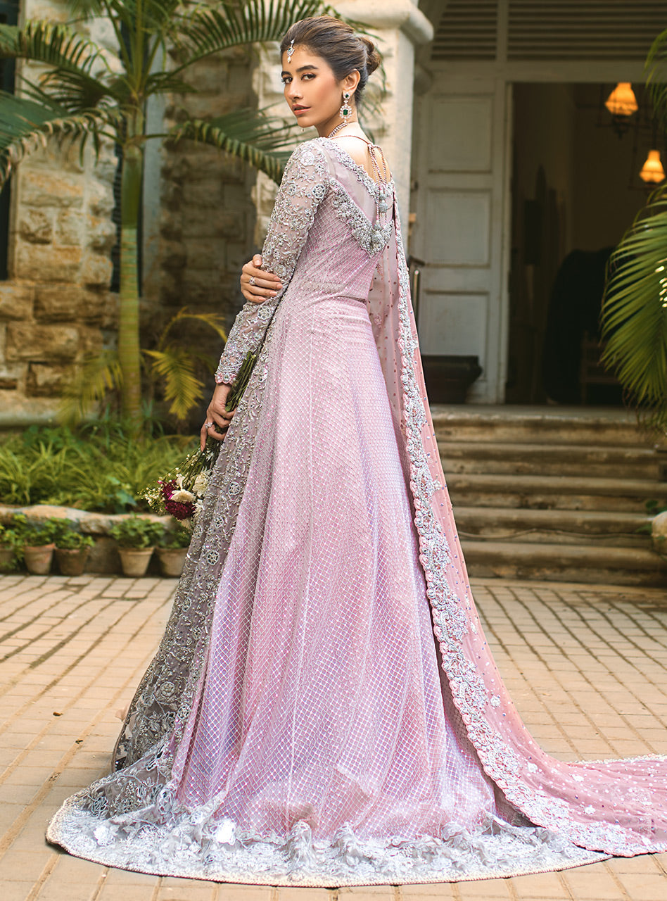 Pakistani Dusty Pink Embellished Net Gown with Jacquard Sharara (3-Piece) - Image 6