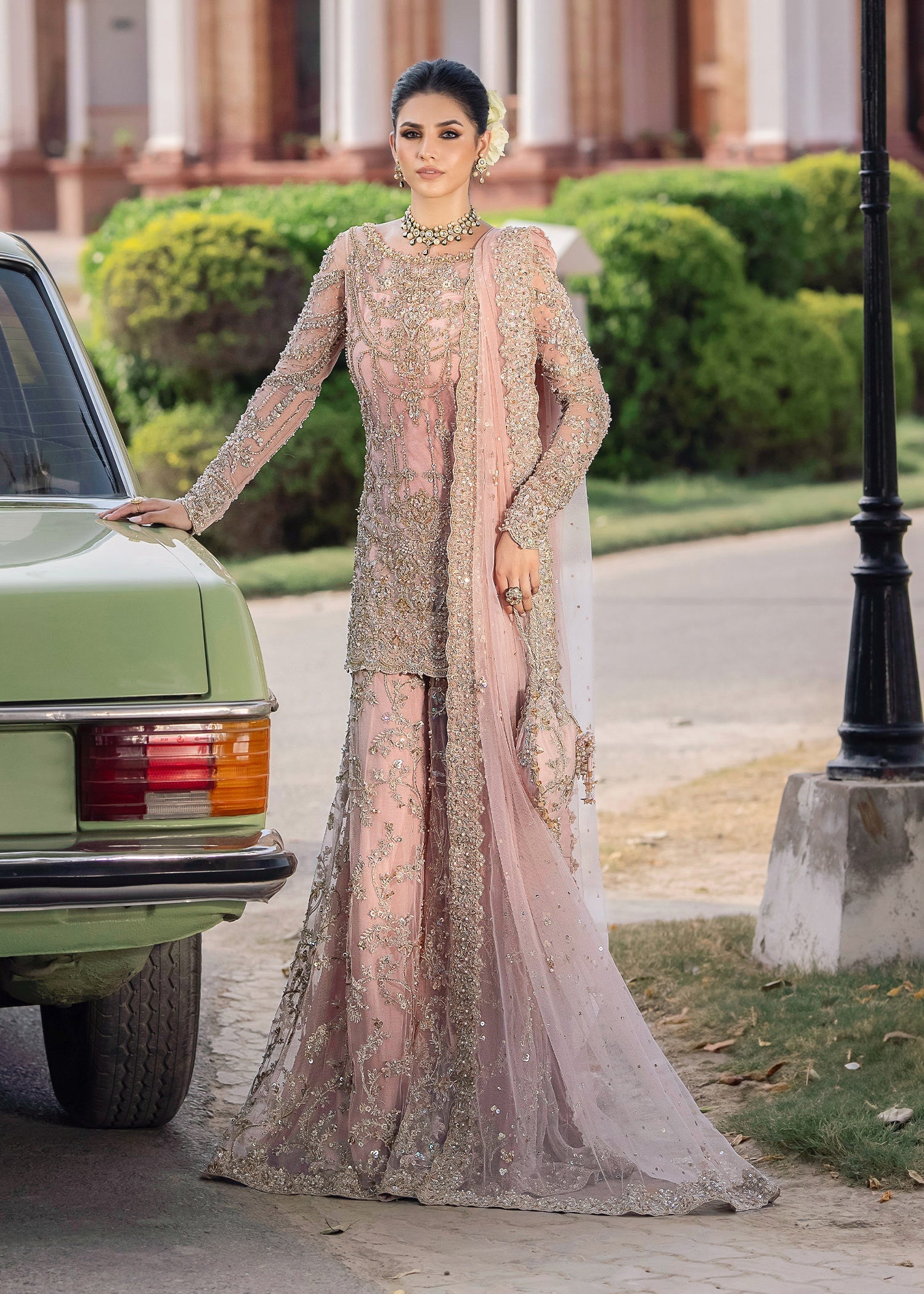 Indian Blush Pink Hand-Embellished Net Sharara (3-Piece) - Image 6