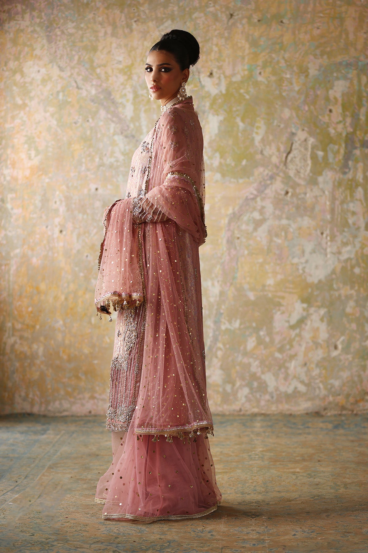 Pakistani Blush Pink Mukesh Net Sharara Set (3-Piece) - Image 1